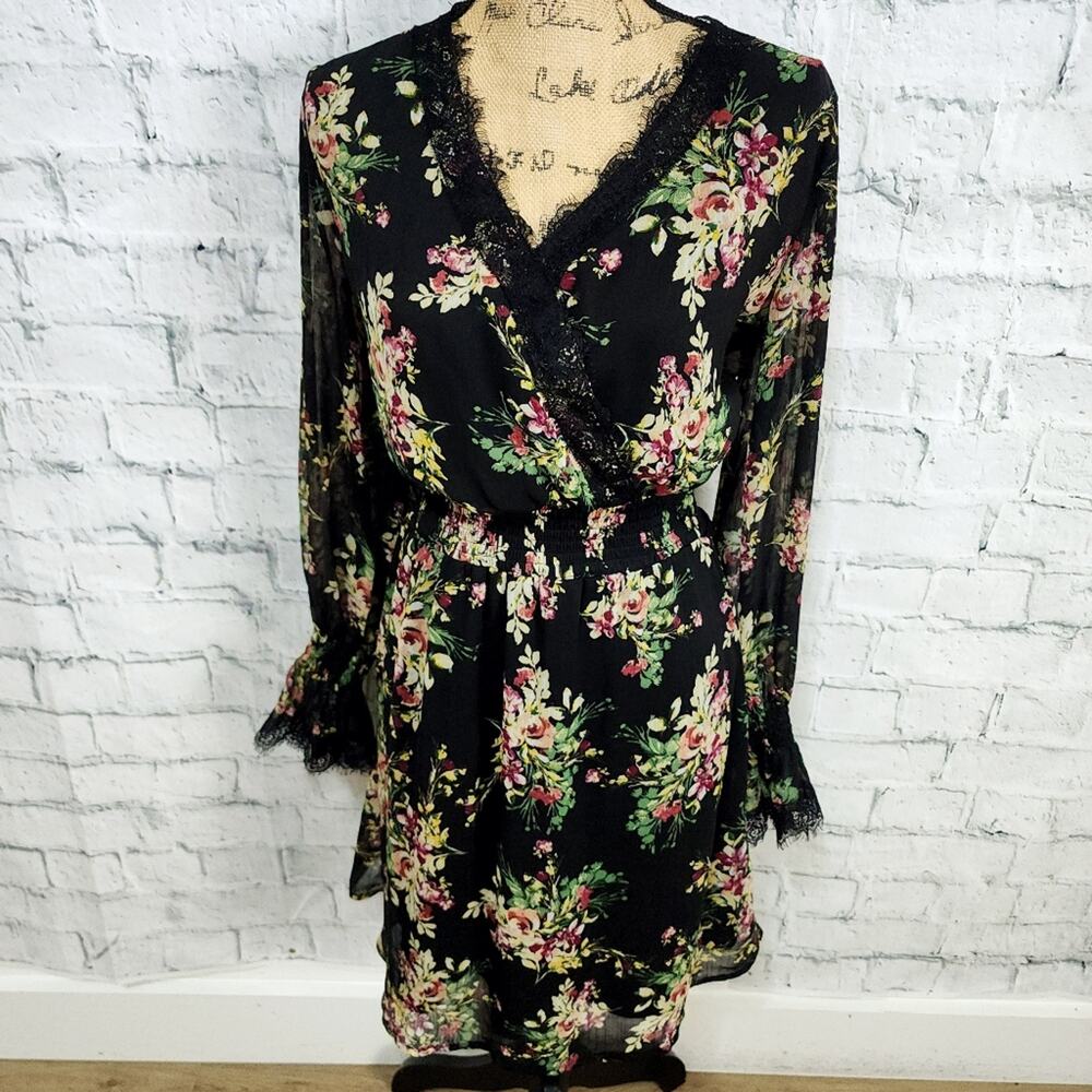 Trucloth dress Sz M long sleeve floral mini black stretch waist A7
